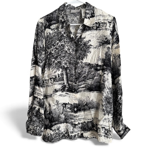 Vintage Liz Claiborne Silk Toile Patterned Button Down Blouse